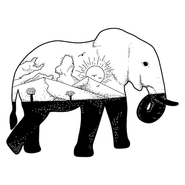 Vector dubbele belichting handgetekende olifant illustratie
