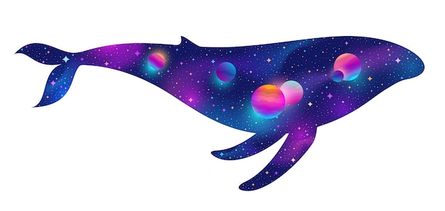 Vector dubbele belichting illustratie met walvis en universum walvis silhouet en ruimte met planeten