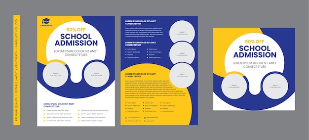 Vector dubbelzijdige flyer voor schooltoelating, postsjabloon voor sociale media met geel en blauw