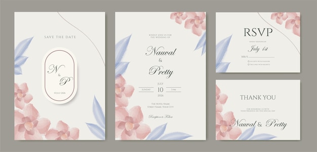 Dubbelzijdige huwelijksuitnodiging met aquarel bloem ornament premium vector