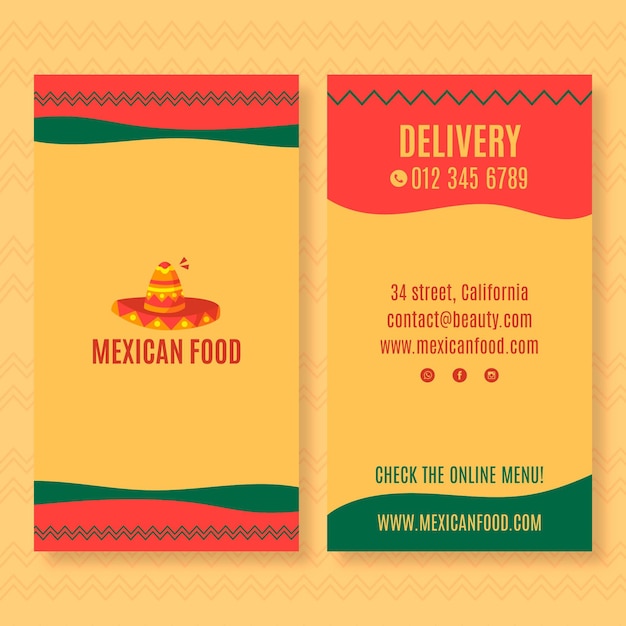 Dubbelzijdige verticale visitekaartjesjabloon voor mexicaans eten restaurant