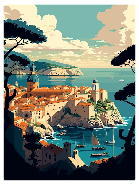 Vettore dubrovnik croazia vintage travel poster souvenir postcard ritratto pittura wpa illustrazione