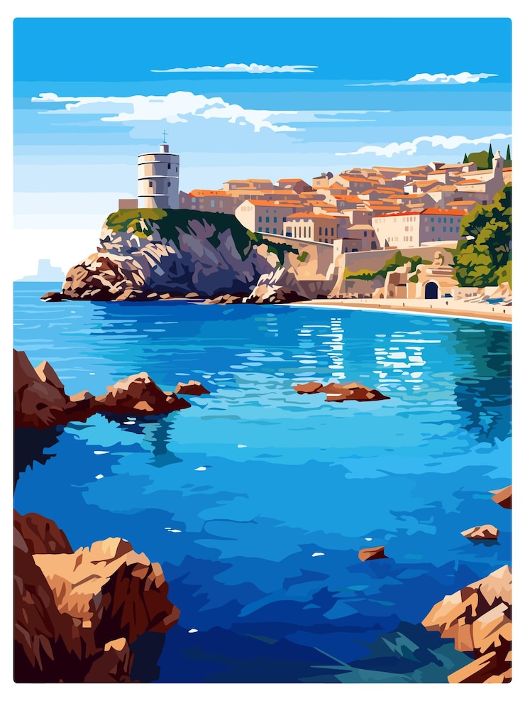 Vector dubrovnik croatia vintage travel poster souvenir postcard portrait painting wpa illustration