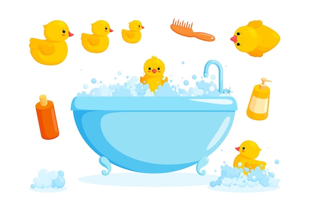 Вектор Утка и ванна с гребнями и пеной купальный набор с ванночкой косметика желтые резиновые утки