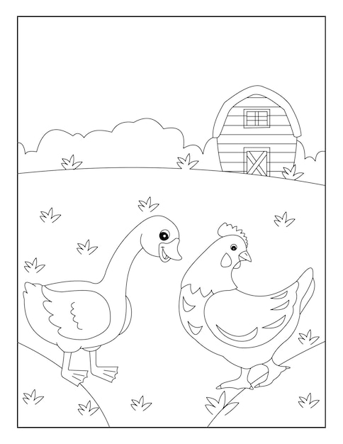 배경이 있는 오리와 닭 색칠하기 페이지