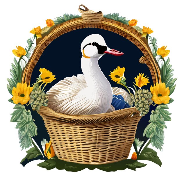 Duck in a basket with sunflowers