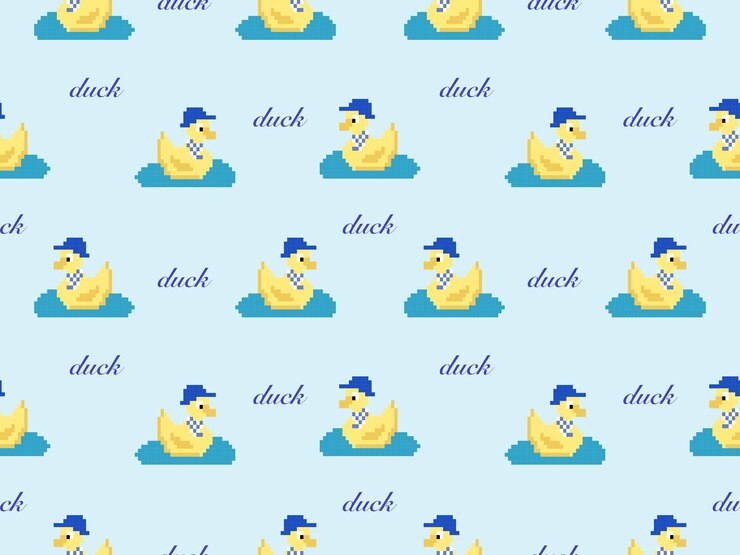 Vector duck cartoon character seamless pattern on blue backgroundpixel style