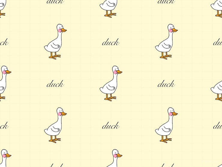 Vector duck cartoon character seamless pattern on yellow background