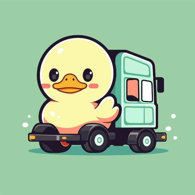 Vector a duck driving a truck with a green background.