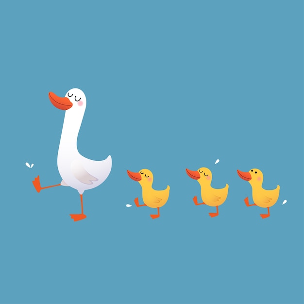 Duck and her ducklings walking isolated on blue