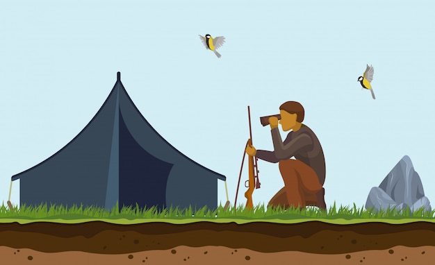 Duck hunting . cartoon illustration of hunter with  gun, binoculars and tent on hunt. looking birds to shoot and target outdoor.