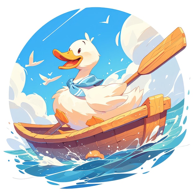 A duck is rowing a boat cartoon style