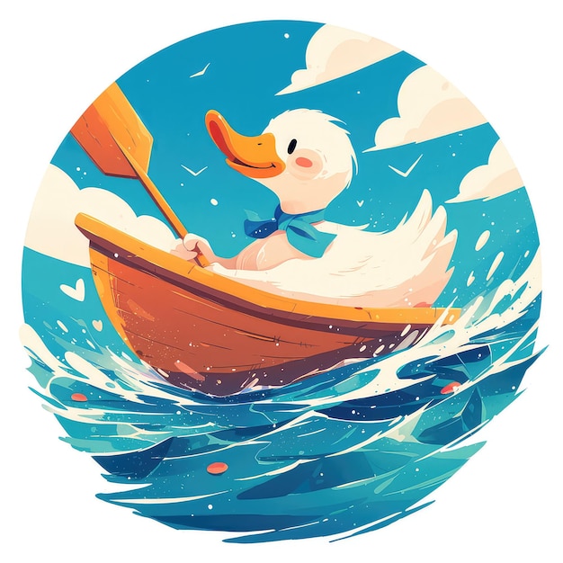 A duck is rowing a boat cartoon style