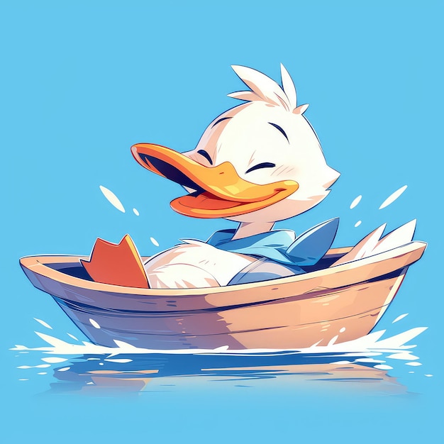 Утка гребёт на лодке в стиле мультфильма.