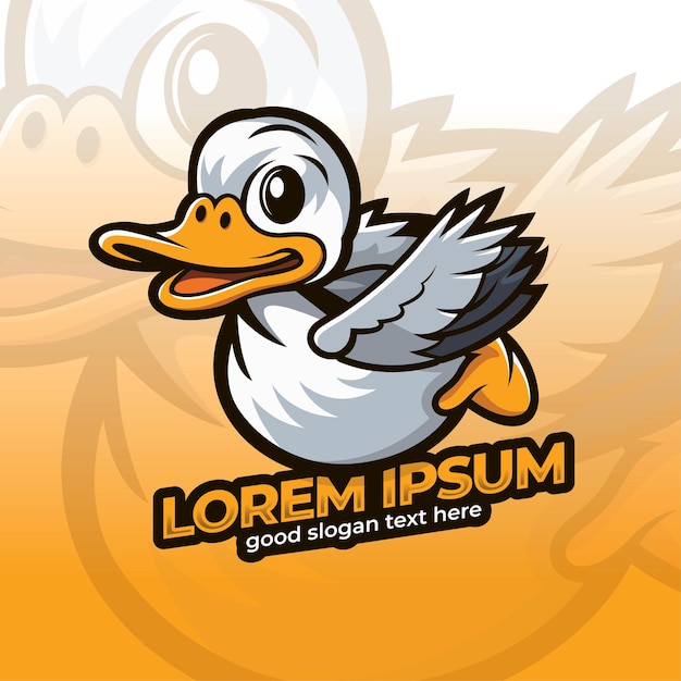 Duck mascot logo ontwerp vliegende eend icoon logo met schattige stijl cartoon gans mascot logo design