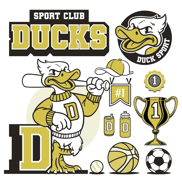 Vector duck mascot and sport object retro style