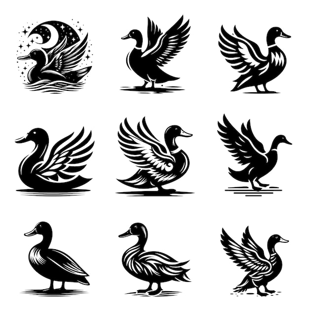 Duck silhouette vector illustration set