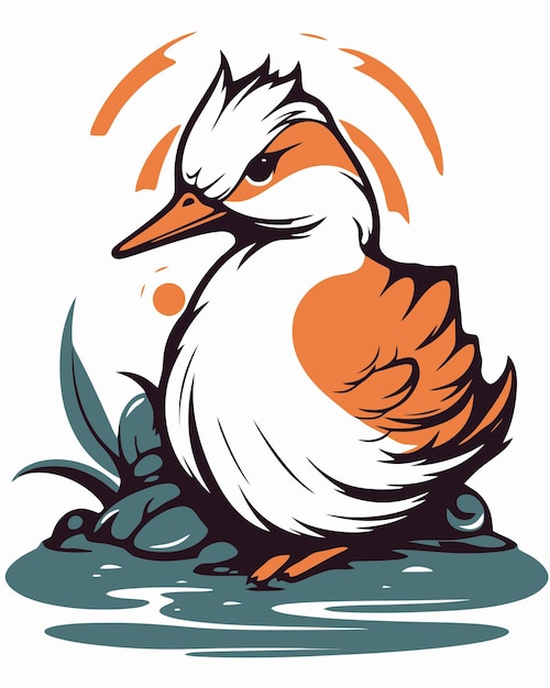 Vector a duck with a white face and orange markings on its head sits on a rock.