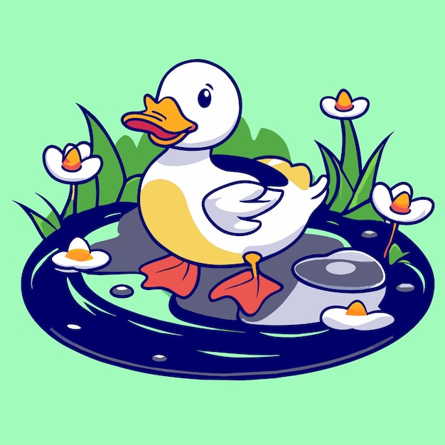 A duckling is playing in the middle of a pond