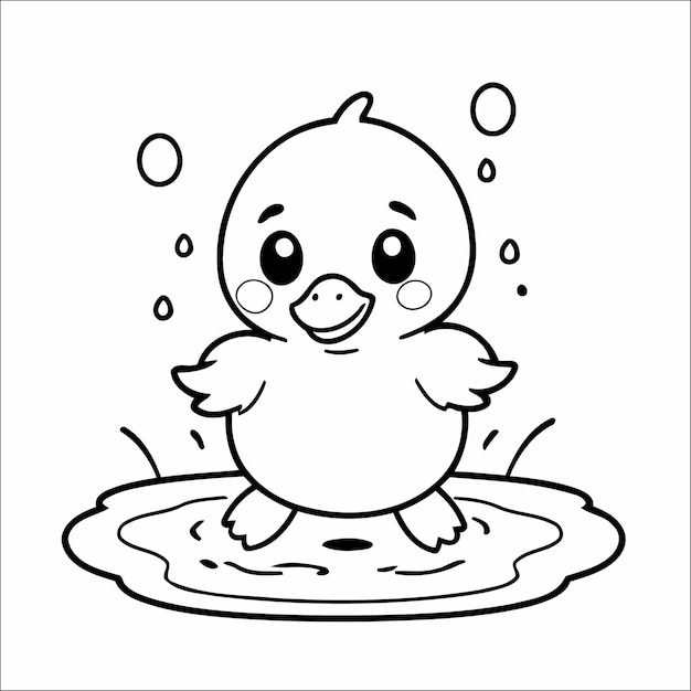 Vector duckling splashing in a puddle hand drawn coloring page for kids