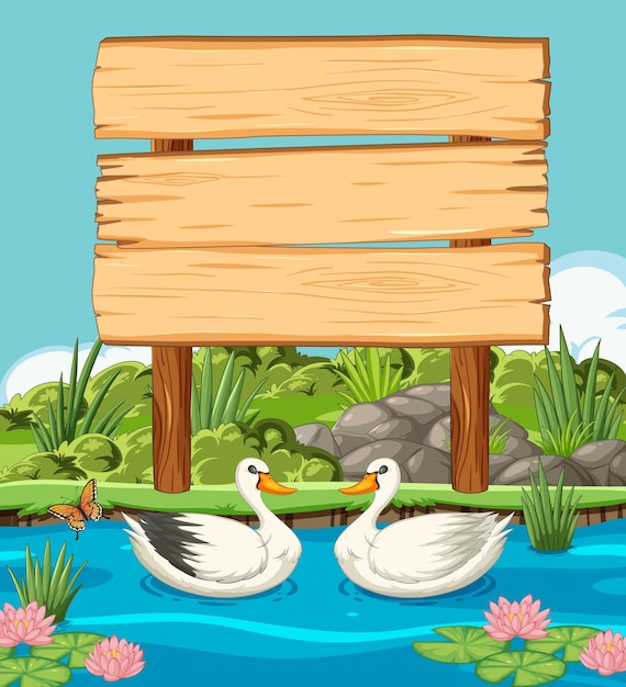 ベクトル 池の木製の看板にあるアヒル