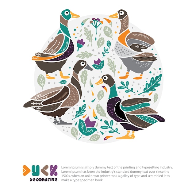 Vector ducks and flower decorative vector illustration