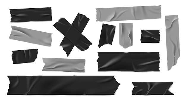 Duct tape Realistic black and grey adhesive tape with fold and crease torn strip pieces crossed and overlapping sticky tape Vector isolated set