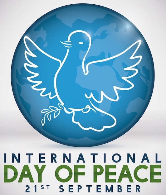 Duif met een olijftak in omtrek op een ronde knop met wereldbol voor Internationale Dag van de Vrede
