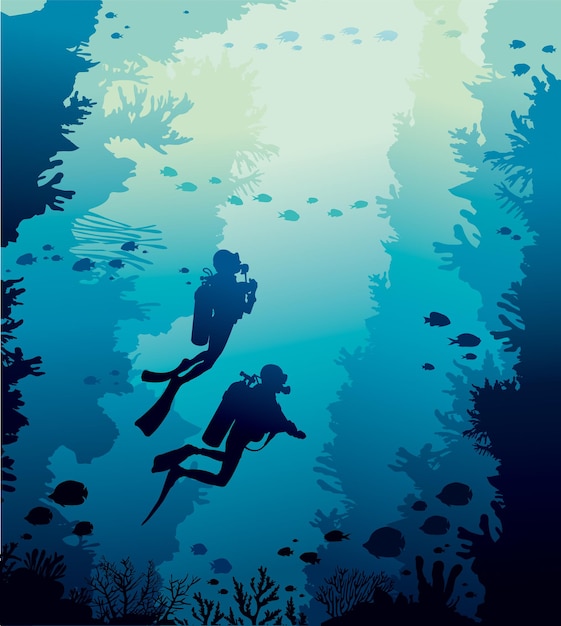 Duiker en koraalrif silhouet met vissen in blauwe zee Vector illustratie met tropische onder