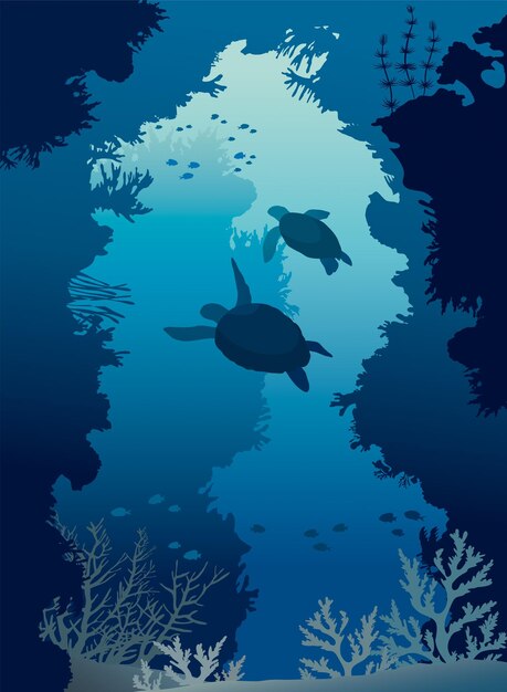 Duiker en koraalrif silhouet met vissen in blauwe zee Vector illustratie met tropische onder