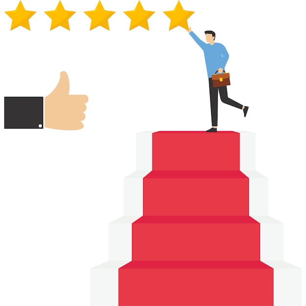 Duim omhoog voor de vrouwelijke medewerkers die een vijf sterren rating vector illustratie in platte stijl gaf