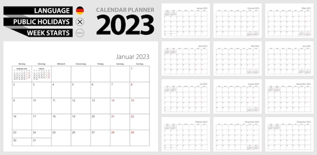 Duitse kalenderplanner voor 2023 Duitstalige week begint vanaf maandag