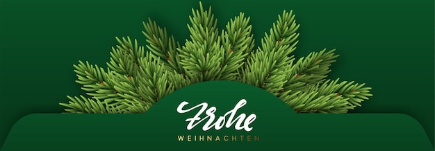 Duitse tekst Frohe Weihnachten. Kerstbannerontwerp met groene realistische pijnboomtakken.