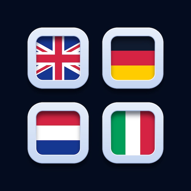 Duitsland, Nederland, het Verenigd Koninkrijk en Italië vlaggen 3d knoppictogrammen