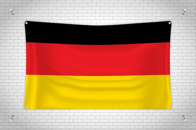 Duitsland vlag opknoping op bakstenen muur. 3d-tekening. vlag aan de muur bevestigd. netjes tekenen in groepen