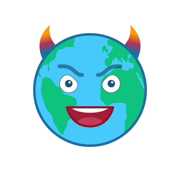 Duivel wereldbol geïsoleerde emoticon Gekke planeet emoji Sociale communicatie en weerwidget Demonische gezicht met gezichtsemotie Kwade aarde met hoorns pictogram Weervoorspelling vectorelement