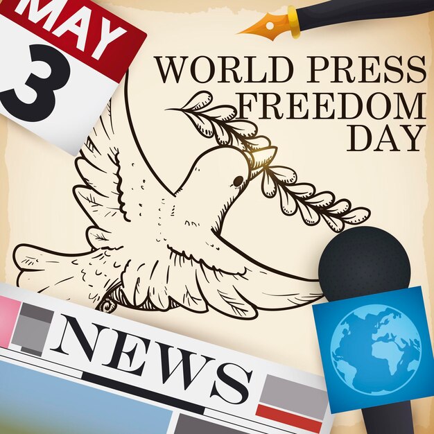 Duiventekening en media-elementen voor de Werelddag van de Vrijheid van de Pers op 3 mei