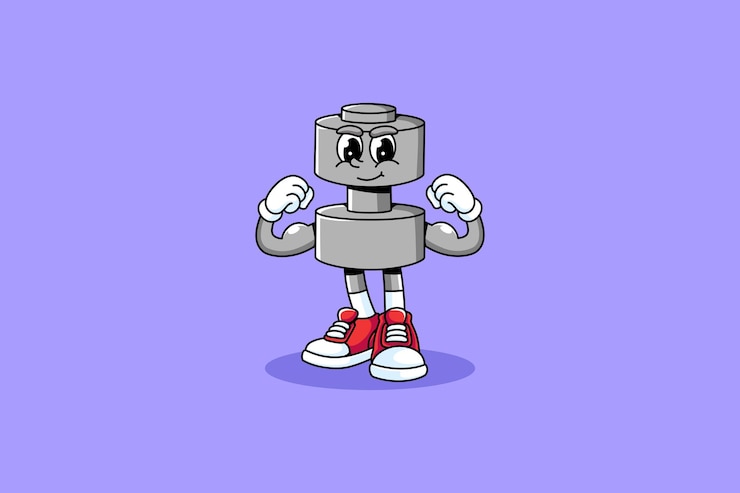 Vector dumbbell halter retro cartoon character standing pose show both arm muscles for fitness gym sport