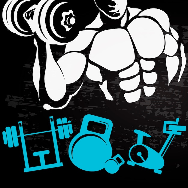 근육이 있는 운동선수의 손에 있는 덤벨 체육관과 피트니스를 위한 디자인