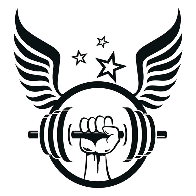 Dumbbell in hand and wings Symbol for gym and sports