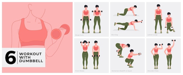 Dumbbell Workout Set. Women workout fitness, aerobic and exercises. Vector Illustration.