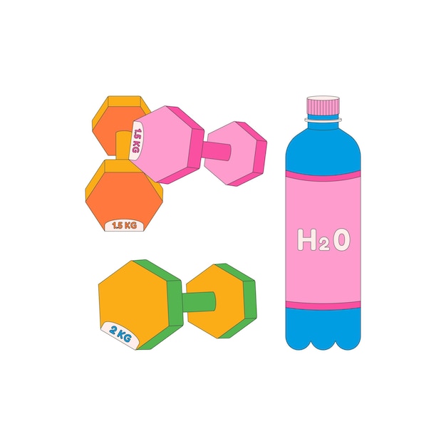 Гантели бутилированная вода Спортивное оборудование Фитнес-инвентарь Плоская векторная иллюстрация