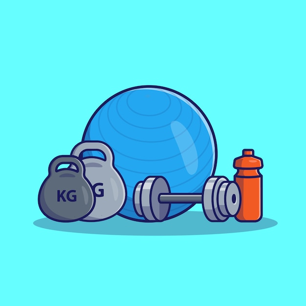 Dumbell And Fitness Ball   Icon Illustration. Gym And Fitness Icon Concept Isolated  . Flat Cartoon Style