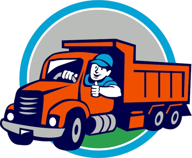 Vector dump truck driver thumbs up circle cartoon