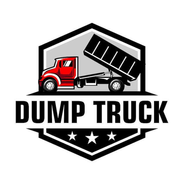 Dump truck logo design with hexagon frame and stars in the bottom vector illustration