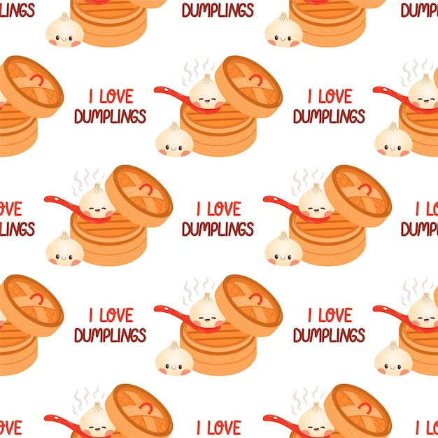 Dumpling and gyoza seamless pattern vector drawing. Traditional Japanese dumplings with funny faces