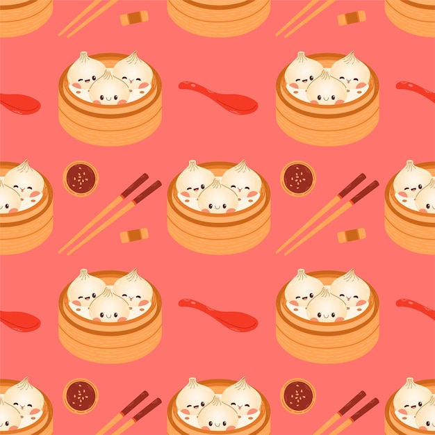 Dumpling and gyoza seamless pattern vector drawing. Traditional Japanese dumplings with funny faces