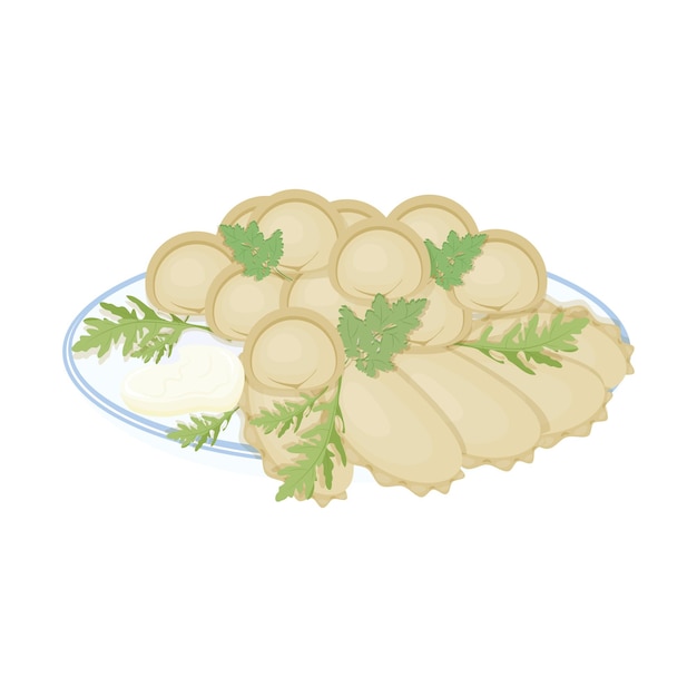 무색 배경에 파슬리가 있는 만두 녹색 파슬리가 있는 식욕을 돋우는 만두