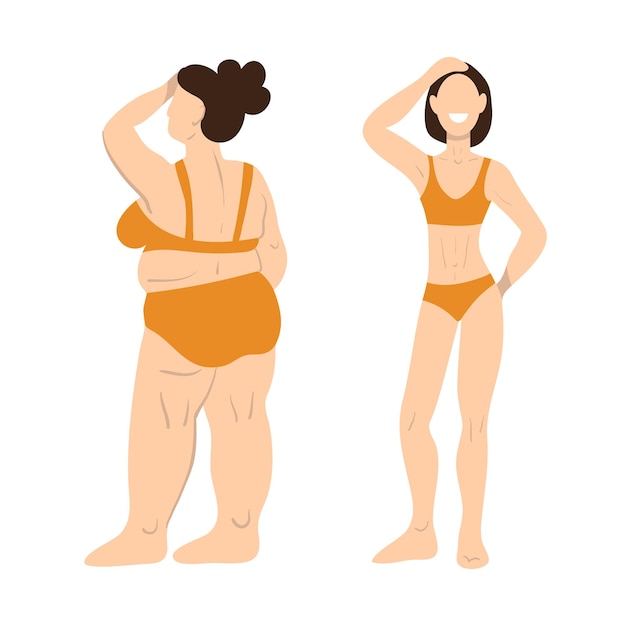 Dun en dik vrouwenmeisje voor en na gewichtsverlies vectorillustratie in platte cartoonstijl