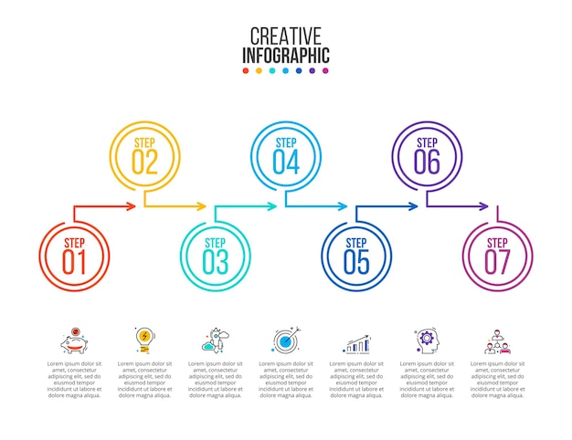 Dun lijn plat element voor infographic. Sjabloon voor diagram, grafiek, presentatie en grafiek. Bedrijfsconcept met 7 opties, onderdelen, stappen of processen. Data visualisatie.